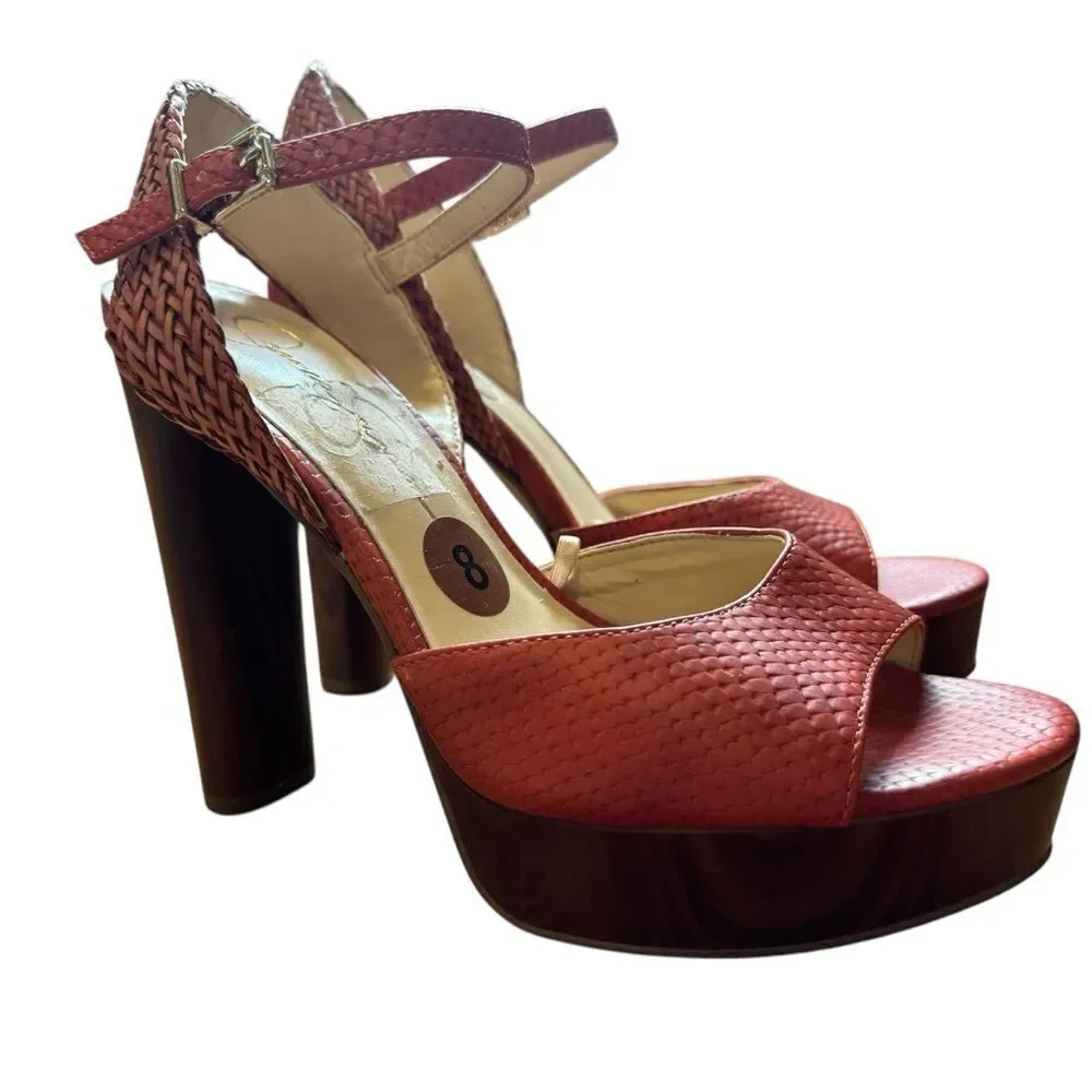 Jessica Simpson istilla burnt orange wood heel basketweave straps platform heels